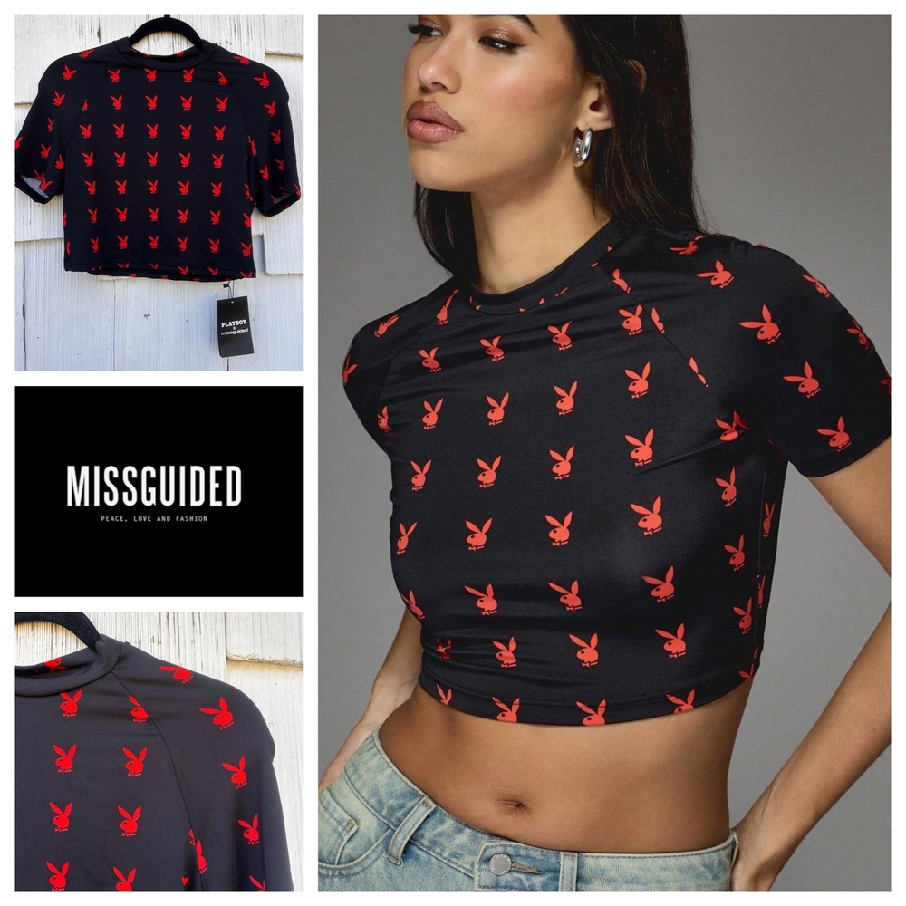 Playboy‎ x Missguided Black Red Bunny Logo Fitted Crop T-Shirt Womens Large NWT